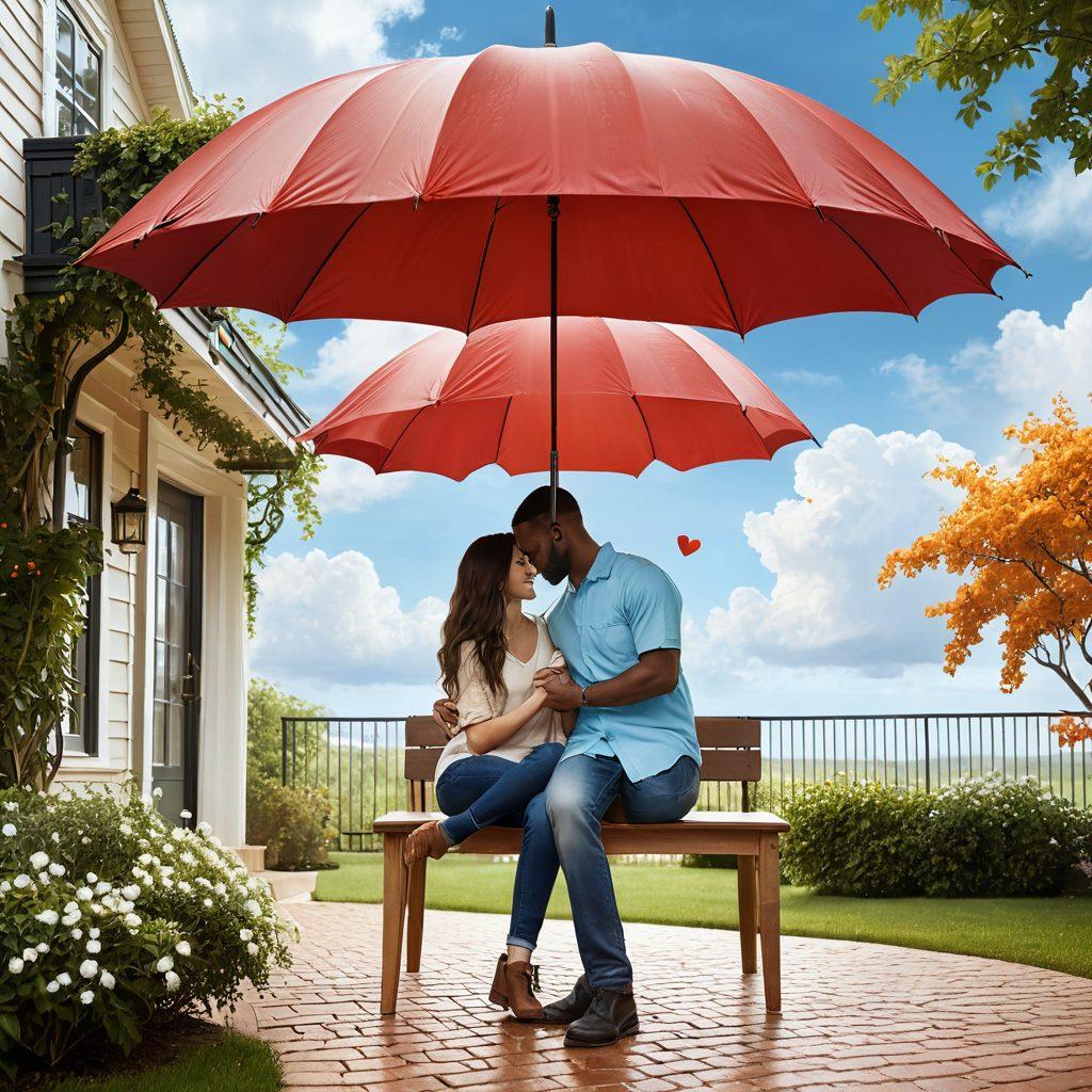A warm, inviting scene of a couple embracing under a protective umbrella, surrounded by floating heart icons and soft clouds, symbolizing care and protection. The background shows a home filled with love, with subtle hints of insurance documents artistically integrated into the scenery. Gentle colors with a sense of safety and intimacy. super-realistic. vibrant colors.