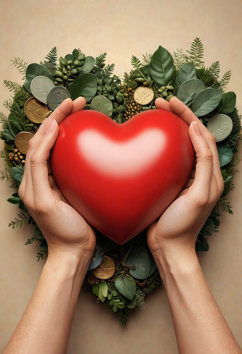 A visually striking blend of two hands forming a heart shape, symbolizing love and passion, surrounded by various financial symbols like a shield, coins, and safe boxes to represent protection. The background should feature soft, warm lighting to create an intimate atmosphere reflecting adult relationships. Include subtle hints of greenery for growth and stability. Illustrate with a modern, minimalist style. super-realistic. warm colors. soft focus.